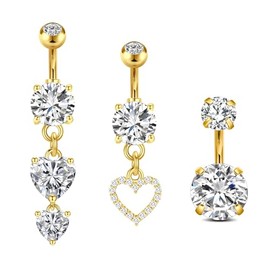 Briana Williams Gold Belly Button Ring Belly Rings for Women Short Bar Belly Ring 6mm Belly Button Piercing Stainless Steel Clear Round Heart Diamond Belly Button Rings
