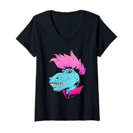 Womens Rex Dinosaur T Mohawk Style Haircut Rex Punk Rock Goth V-Neck T-Shirt