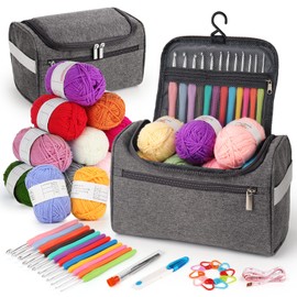 Aeelike Crochet Kit, Crochet Kits for Beginners Adults 12Pcsx25g Crochet Yarns Ergonomic Metal Crochet Hooks Set 2mm-8mm Knitting Accessories Storage Case Crochet Starter Kit - Grey