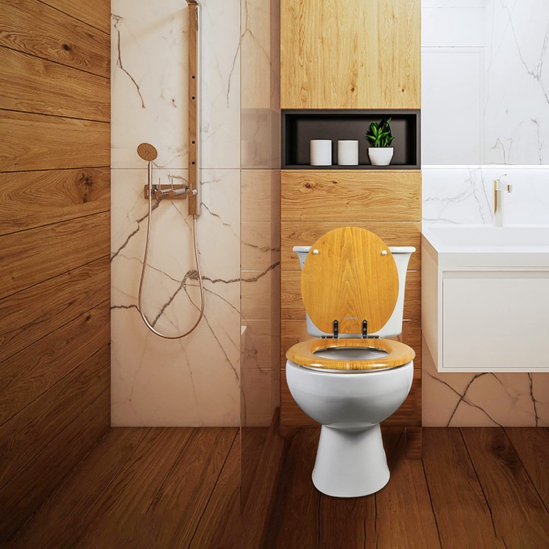Angel Shield Wood Veneer Natural Toilet Seat with Quiet Close,
