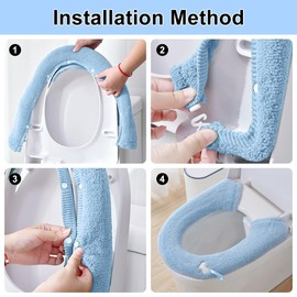 HADEEONG 2 Packs Toilet Seat Cover, Plush Warm Bathroom Toilet Seat Cushion with Snaps Fixed Washable and Reusable Toilet Seat Lid Cover Pads, Fits Most Toilet Seats, Blue