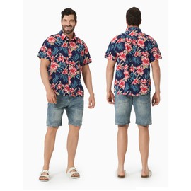 PATPAT Family Hawaiian Matching Outfits Mommy and Me Outfits Caribbean Vacation Summer Tropical Halter Sundresses and Shirts, Navy Blue, Large