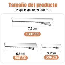 Kit 200 Piezas Pinzas para Cabello,Clips para Cabello Metal,Broches Pinza Cocodrilo,Pinzas Pico de Garza,Broches para Cabello de Mujer,Plateado(3.2cm+5.6cm+7.5cm)