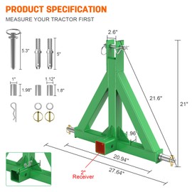 3 Point 2" Trailer Hitch Receiver Heavy Duty Adapter for Category 1 Tractors, Farm Equipment and Standard Trailers, Compact Sub-Compact Tractor Trailer Hitch Attachments for BX Kubota Green