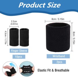 RuiChy Sport Wristband & Finger Protector Sleeve, 2Pcs Wrist Sweatbands and 10Pcs Finger Compression Sleeves Support Arthritis Trigger Thumb Fingers Protector for Basketball Tennis Fitness (Black)