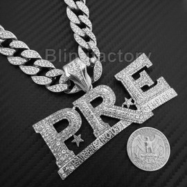 Hip Hop Jewelry Silver Plated Large PRE Pendant & 15mm 18" Full Iced Cuban Choker Chain Necklace Set