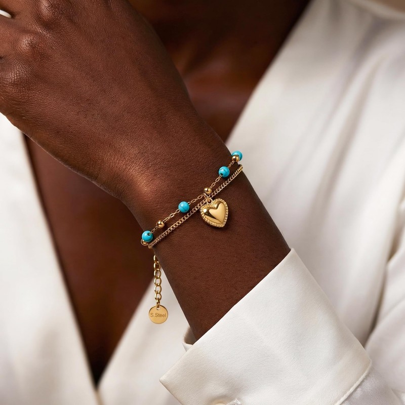 RINHOO FRIENDSHIP Boho Turquoise Bracelet Tiny Beads Stainless Steel Double