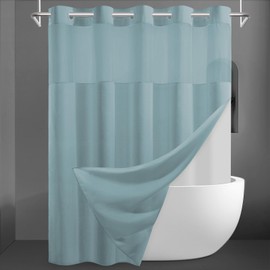 SORTTO No Hook Slub Textured Shower Curtain with Snap in Liner - Blue Fabric Outer Curtain & Waterproof Inner Liner, Hotel Style with See Through Top Window, 71x74 in