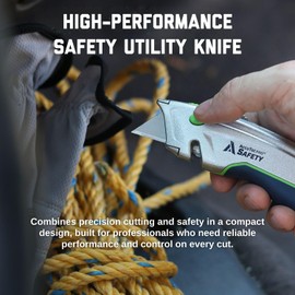 AccuTec Pro Safety A4 Auto Retract Hook Split Knife - High Cut Performance Utility Knife - Includes External Cord Cutter, Tape Splitter, and Easy Blade Exchange - ASAR-A4ZI