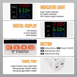PJERJZN 230V 63A Smart Voltage Protector - Adjustable Over/Under Voltage Stabilizer with KWh Energy Meter & Triple LED Display for Home Electrical Protection