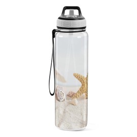 Kjovgcb Transparent Tritan Sports Water Bottle with Straw, Hot Cold BPA-Free Car Travel Mug Thermal Tumbler Holder Cup 33.8 oz Print White Beach Sand Starfish Seashell at The Beach