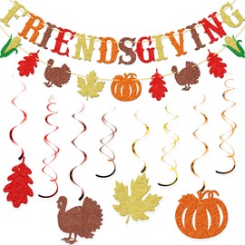 Friendsgiving - Bandera de Acción de Gracias, amigos, decoración de fiesta de temporada, otoño para el hogar (dorado, rojo, café, naranja)