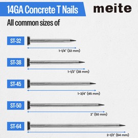 meite 14 Gauge Concrete Nails 1-3/4 Inch 8,000pcs Galvanized Hardened T-Nails for Electric or Pneumatic Nailer Gun - Wood-to-Concrete & Block & Steel, No-Bend (400PCS x 20 Boxes)