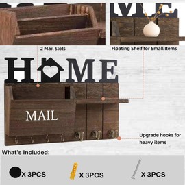 DearyHome Mail and Key Holder Wall Mount – Decorative Mail Organizer with Shelf and 7 Key Hooks, Farmhouse Wood Rustic Hanging Key Rack Hanger for Living Room Entryway Hallway (Brown)