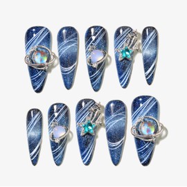 Sun&Beam Nails Handmade Nail Tip, Long Point Nail, Shiroiro, Aoi, Glitter, False Nails, Stylish, False Nails, Pack of 10 (#148 M)
