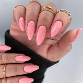 KQueenest Rose Pink Press On Nails, Medium Almond, Acrylic Nails for Gluing, Natural Plain Fake Nails, Fingernails for Gluing, Shiny Gel, Full Cover False Nails for Women, Pack of 24