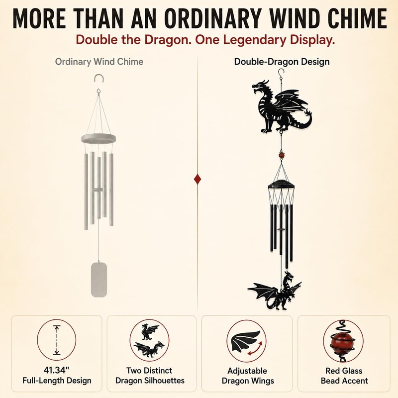 41" Large Dragon Wind Chime with Moving Spring Wings, Windchime