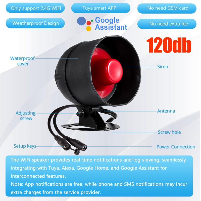 WiFi Alarm Security System, 120dB Home Alarm System with Free