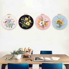 MAMUNU 4 Sets Embroidery Kits for Beginners Adults, Flower Stamped Pre Printed Cross Stitch Kits, Full Range of Embroidery Starter Kit with Instructions, 4PCS Embroidery Hoops, Threads and Tools