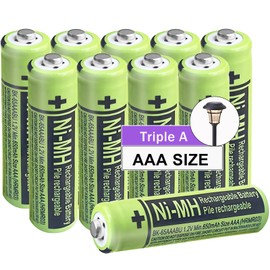 Ni-MH 1.2V AAA 650mAh Rechargeable Solar Batteries, Triple A Battery for Outdoor Solar Lights, Lanterns, 10 Pack Long-Lasting and Pre-Charged Batteries