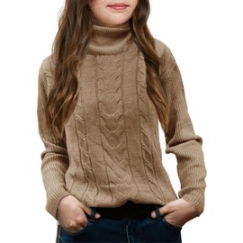 Girls Turtleneck Sweaters Pullover Kids Toddlers Cable Knit Long Sleeve Jumper Tops Khaki