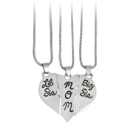 Meiligo® Fashion 3 Pcs Mother and Daughter Puzzle Dog Tag Necklace Jewlery Big Sis mom Lil Sis Letter Matching Engraved Necklace Set (Silver(3pcs))