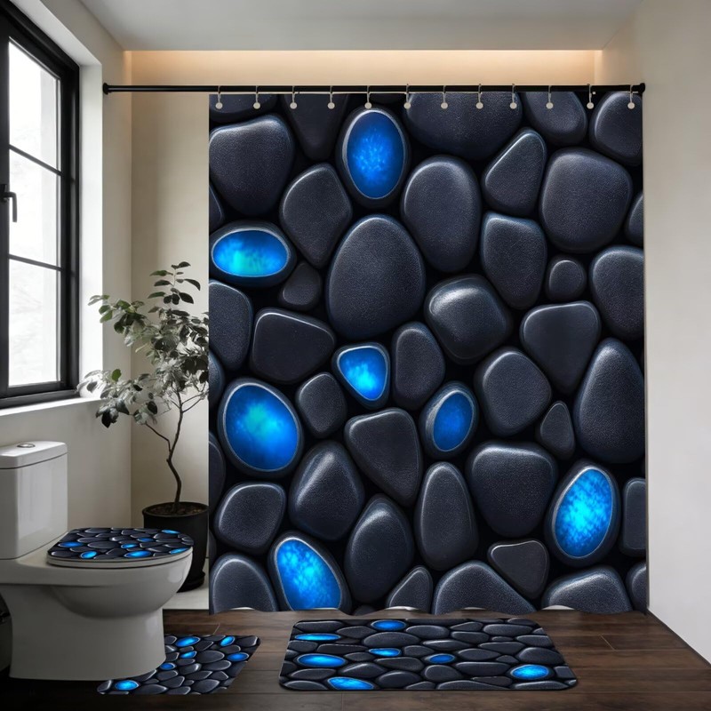DDQQ 4Pcs Stone Shower Curtain Set with Toilet Lid Cover