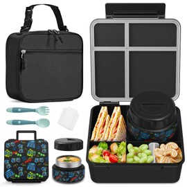 FAJSL Bento Box for Kids with Thermo Food Container (9oz), 4-Compartment Lunch Box, Adjustable Divider, Leakproof Bento Lunch Box, Includes Utensils & Carry Bag for School, Office(Black-Game)
