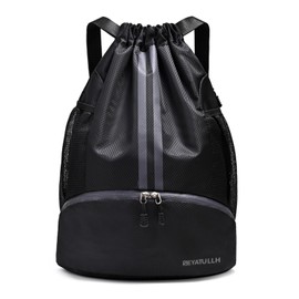 SEYATULLH Sports Drawstring Backpack String Swim Gym Bag with Wet Proof Pocket Pull String Sport Bag for Soccer/Basketball (Black)