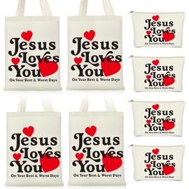 Paterr 8 Pcs Jesus Loves You gifts Include 4 Christian Canvas Grocery Tote Bags and 4 Bible Verse Makeup Bags with Zipper for Women Christian Faith Religious Gifts Church Party Favors