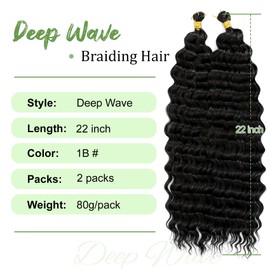 Eerya Long Curly Braiding Hair 22 Inch 2 Packs Deep Ocean Wave Crochet Hair for Black Women Deep Wave Braiding Hair for Boho Braids（22 inch, 1B）
