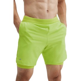 Fabletics Men's The Fundamental Short (Lined), Workout, Running, Training, Gym, Yoga, Ultra Lightweight, Athletic, 5" Inseam, L, Vivid Lime