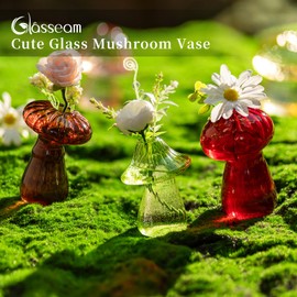 Glasseam Mushroom Plant Propagation Stations: Cute Glass Terrarium Jar Propagation Vase Set of 5 Hydroponic Planters for Home Room - Unique Colorful Mushroom Decor Gifts for Plant Lovers