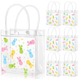 FYSUIMU 12 Pcs Easter Bunny Clear PVC Gift Bags with Handle Colorful Rabbit Reusable Transparent Bags Spring Treat Tote Bags for Birthday Holiday Party Favors
