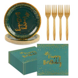 75PCS Happy Birthday Paper Plates Set, Dark Green Gold Crown 7IN Party Plates 6.5Inch Napkins 6.3 Inch Plastic Fork Tableware Dessert Plate Guests for Birthday Party Decoration-Serve 25