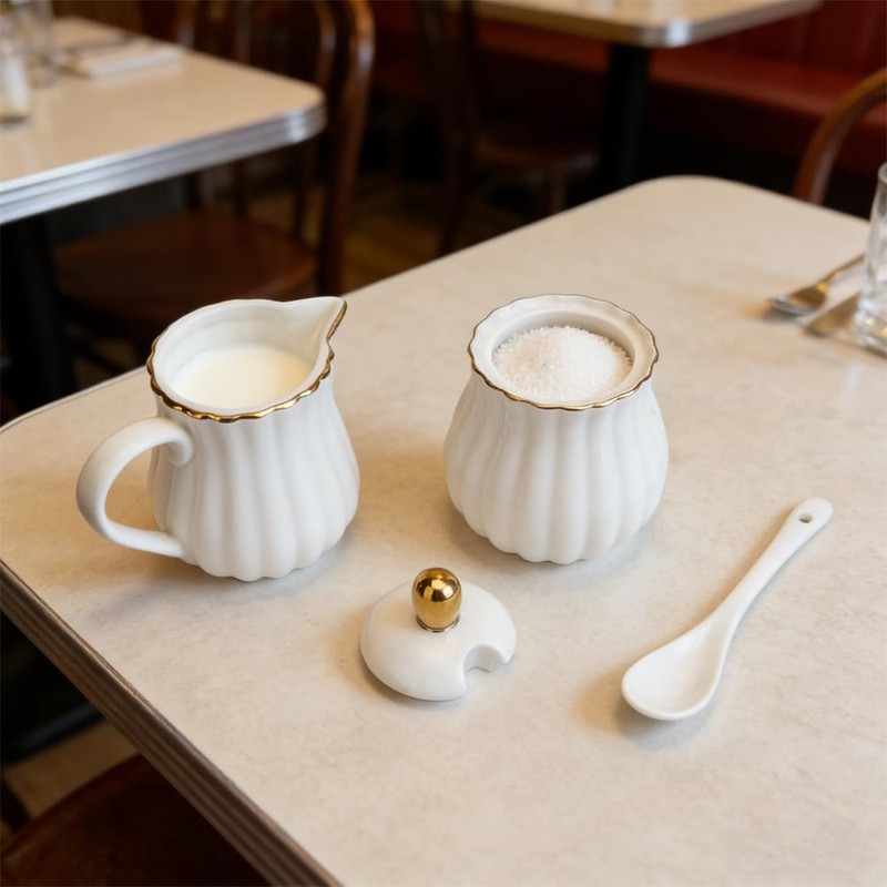 Ceramic Sugar and Creamer Set, 3-Piece Porcelain Serving Set with