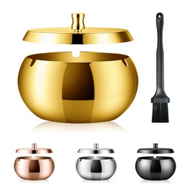 Geoyien Ashtray with Lid, Smoke Absorbent, with Cleaning Brush, Protection Against Wind, Odour and Cleaning, Suitable for Living Room, Office, Garden, Balcony (Gold)