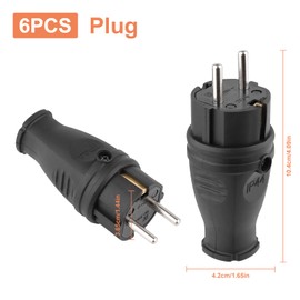 Schuko Plug and Schuko Coupling, Protective Contact Plug, Pack of 6 Protective Contact Set with Kink Protection, Can Be Used for 0.5-3 cm² Cable, IP44, 230 V, 16 A