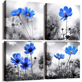 AGOLINE 4PCS Canvas Wall Art- Blue Flowers Framed Wall Art for Living Room Pictures for Bedroom Walls Bathroom Decor Kitchen Pictures Wall Decor-12x12in