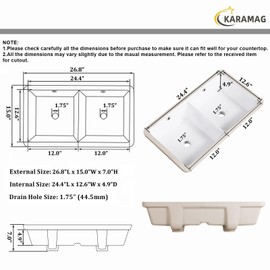 KARAMAG 27 Inch Undermount Bathroom Sink Rectangle Undermount Double Sink White Ceramic Under Counter Bathroom Sinks with Overflow (26.8"x15.0")