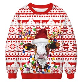ALBIZIA Unisex Cow with Christmas Hat Print Crew Neck Ugly Christmas Xmas Pullover Sweatshirt(BFT183,SM)