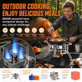 Camping Gas Stove, 6800W Portable Windproof Camping Stove with Piezo Ignition & Storage Box, Foldable Backpacking Stove,Butane Gas Burner Furnace for Outdoor Cooking Hiking Fishing Trekking Picnic BBQ