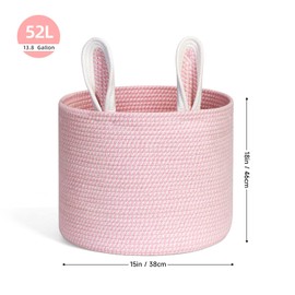 ORGMASTER Cotton Rope Basket 15”x15”x18” Large Storage Basket Bin Foldable Laundry Basket Clothes Hamper with Handle Cute Bunny Ears Organizer Woven Storage Baskets for Living Room, 52L, Pink