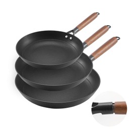 VEVOR Cast Iron Skillet, 3-Piece Frying Pan Set (8, 10, 12 in), Nonstick Skillets with Detachable Wood Handle, Pre-Seasoned Chef's Pan, Kitchen Cookware for Gas, Electrical, and Induction, Black