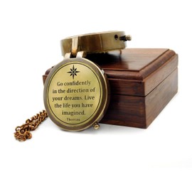 Antique Brass Compass Engraved "Go Confidently in The Direction of Your Dreams" - Gift Compass with Wooden Box - Motivation & Graduation Gift