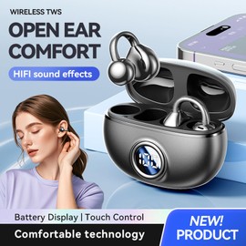 Open Ear Clip Bluetooth Headphones Wireless Air Bone Conduction Wireless Clip On Open Earbuds Headphones Sports Headphones Bluetooth Bone Sound Headphones Headset with Ear Clip for Running Cycling