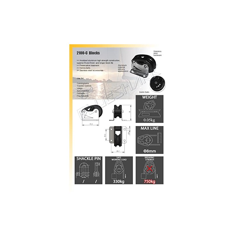Sailboat Blocks Aluminum 28mm Single Fixed 2100-C