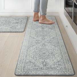GENIMO Kitchen Mats for Floor, 2PCS Kitchen Rugs Non Slip Washable, Waterproof Anti Fatigue Mat, Comfort Standing Runner Rug for Sink, Office, Laundry, Home, 17.3"x59"+17.3"x30", LightGrey