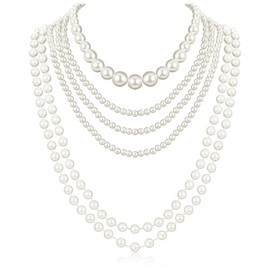 HJZHII 6PCS Long Pearl Necklace, Vintage Elegant Faux Pearl Necklace Flapper 1920s Pearl Accessories Fashion Strand Layered Necklace Gatsby Costume Jewelry for Wedding Party Prom