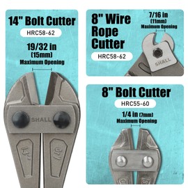 SHALL 3-Piece Bolt Cutters, 14" Heavy Duty Bolt Cutter, 8" Mini Bolt Cutter, 8" Wire Rope Cutter, Ergonomic Handle, More Efficient Leverage for Cutting Locks, Chains, Iron Wire, Carrying Case Included